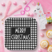 Rustic Black & White Buffalo Plaid Merry Christmas Papieren Bordje (Feest)
