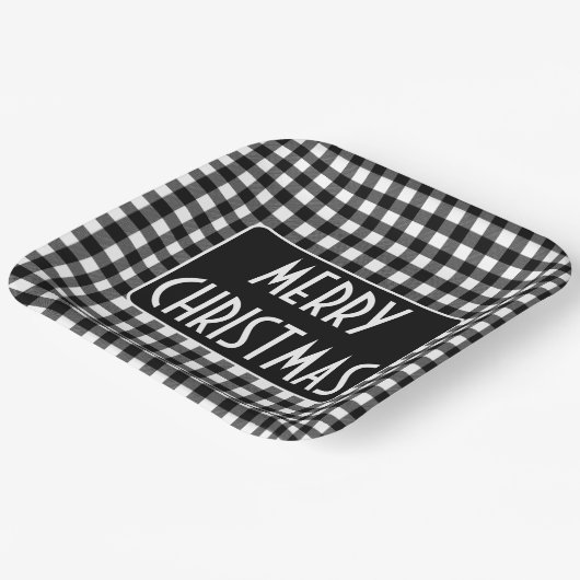 Rustic Black & White Buffalo Plaid Merry Christmas Papieren Bordje (Gebogen)