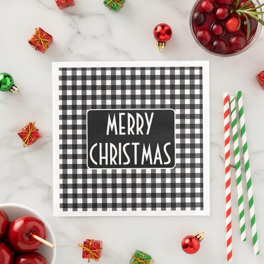 Rustic Black & White Buffalo Plaid Merry Christmas Servet