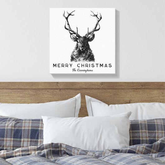 Rustic Black White Deer Kerst Monogram Canvas Afdruk (Insitu (Slaapkamer))