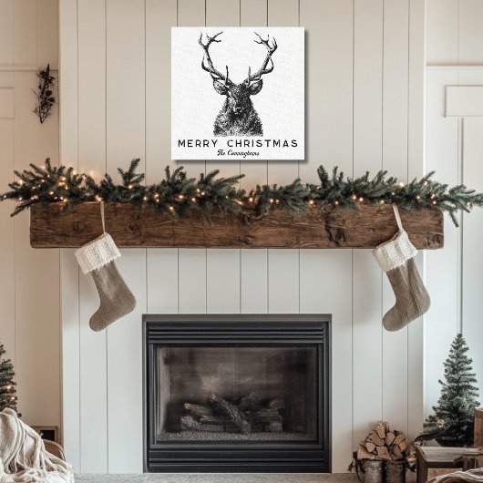 Rustic Black White Deer Kerst Monogram Canvas Afdruk