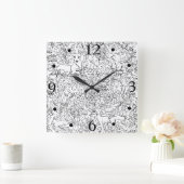 Rustic Black White Forest Animal Fox Rabbit Sketch Vierkante Klok (Huis)