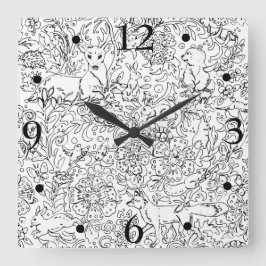 Rustic Black White Forest Animal Fox Rabbit Sketch Vierkante Klok