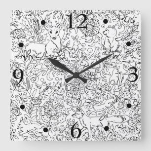 Rustic Black White Forest Animal Fox Rabbit Sketch Vierkante Klok