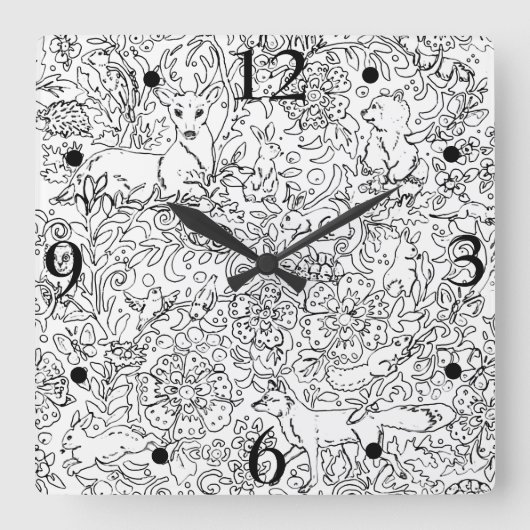 Rustic Black White Forest Animal Fox Rabbit Sketch Vierkante Klok (Voorkant)