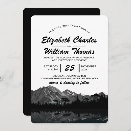 Rustic Black & White Mountain Forest Wedding Invit Kaart (Voorkant / Achterkant)
