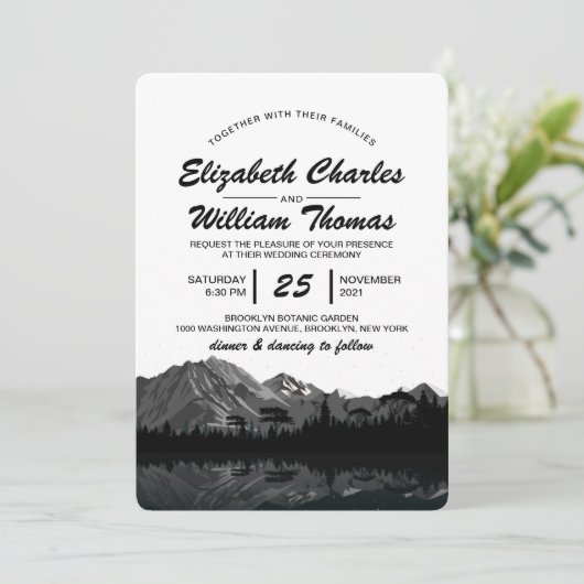 Rustic Black & White Mountain Forest Wedding Invit Kaart (Staand voorkant)