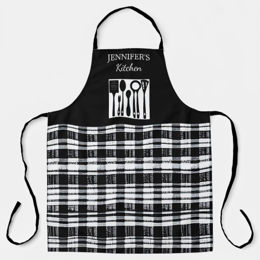 Rustic black white plaid monogram name kitchen schort (Voorkant)