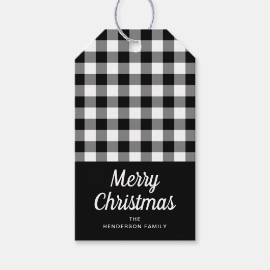 Rustic Black White Pset Script Merry Kerstmis Cadeaulabel (Voorkant)
