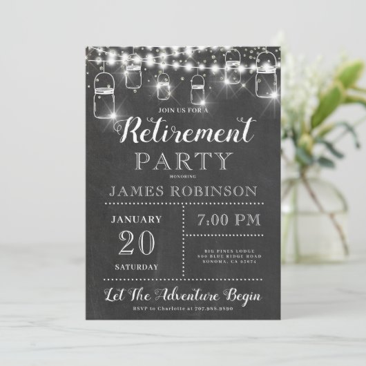 Rustic Black White Retirement Party Invitation Kaart (Staand voorkant)