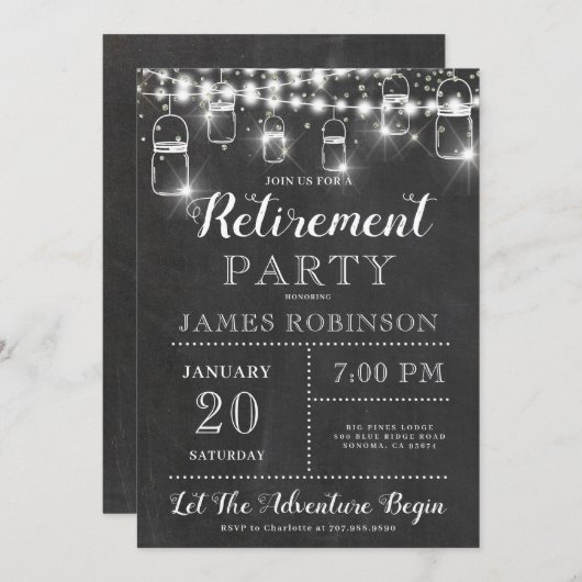 Rustic Black White Retirement Party Invitation Kaart (Voorkant / Achterkant)