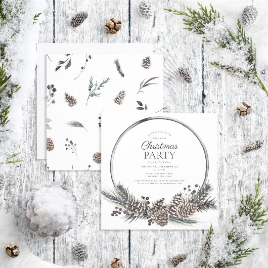 Rustic Black Winter Pinecone Wreath Holiday Party Kaart