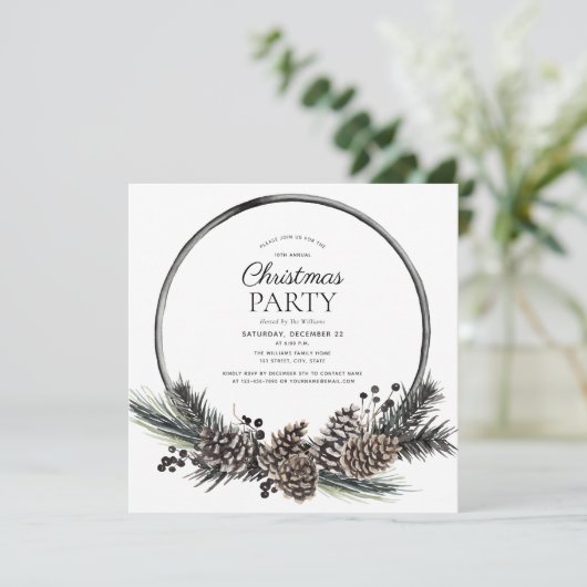 Rustic Black Winter Pinecone Wreath Holiday Party Kaart (Staand voorkant)