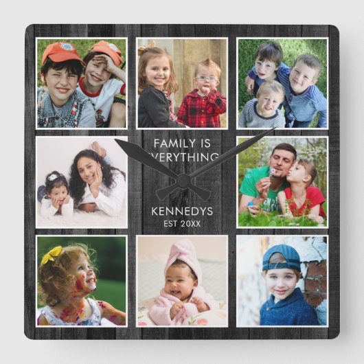 Rustic Black Wood 8 Photo Collage Family Quote  Vierkante Klok (Voorkant)