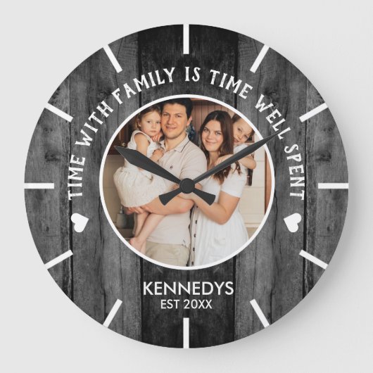 Rustic Black Wood One Photo Family Time Quote Grote Klok (Voorkant)