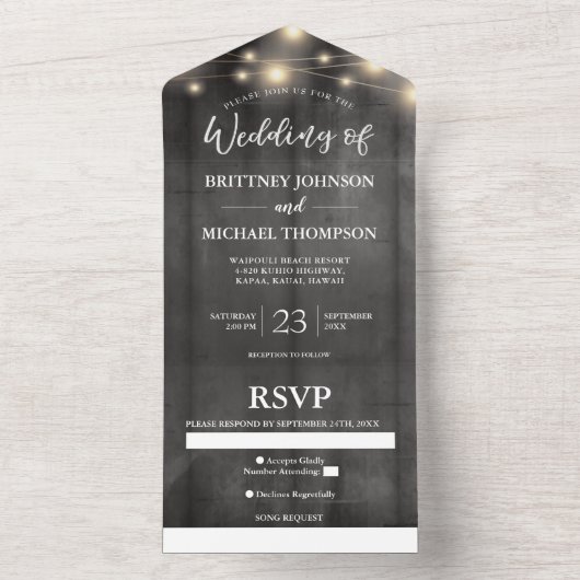 Rustic Black Wood String Light Wedding Song All In One Uitnodiging (Binnen)