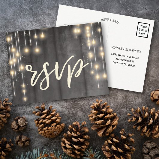 Rustic Black Wood String Lights Uitnodiging Briefkaart