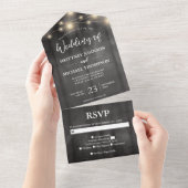 Rustic Black Wood String Lights Wedding All In One Uitnodiging (Afscheurbaar)