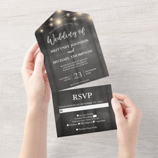 Rustic Black Wood String Lights Wedding All In One Uitnodiging (Afscheurbaar)