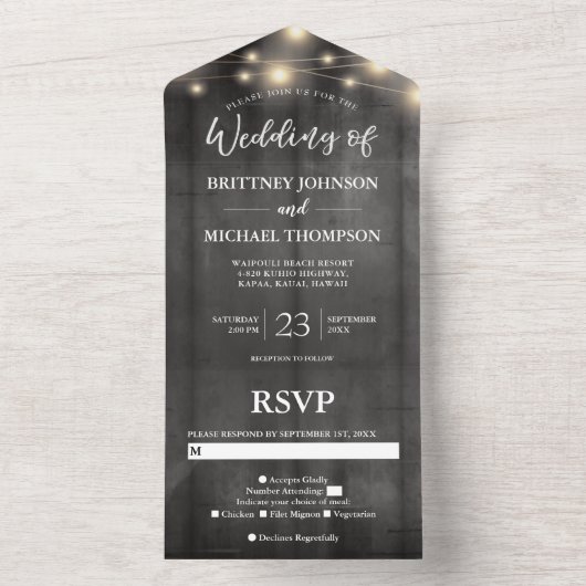Rustic Black Wood String Lights Wedding All In One Uitnodiging (Binnen)