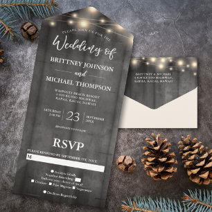 Rustic Black Wood String Lights Wedding All In One Uitnodiging