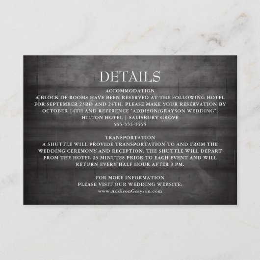 Rustic Black Wood String Lights Wedding Details Informatiekaartje (Voorkant)