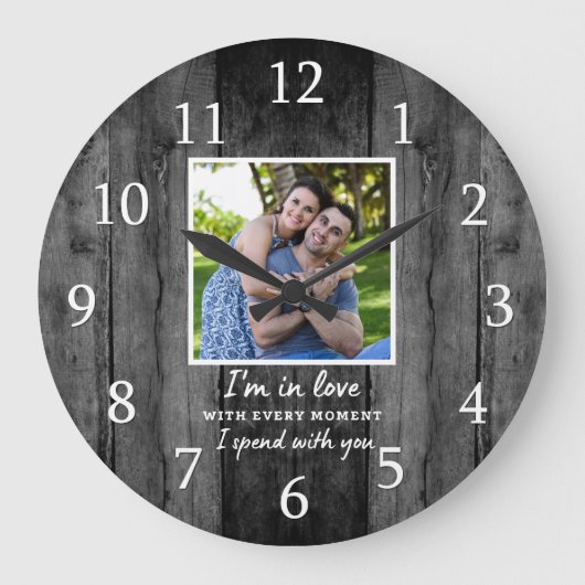 Rustic Black Wood Wedding Jubileum Love Foto Grote Klok (Voorkant)
