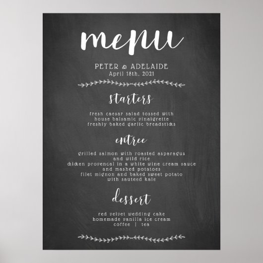 Rustic Blackboard Wedding Menu Sign/Poster Poster (Voorkant)