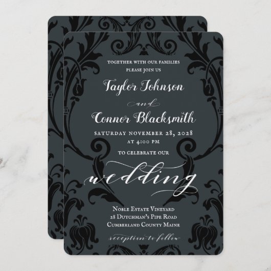Rustic Blacksmith Calligraphy Black Damask Wedding Kaart (Voorkant / Achterkant)