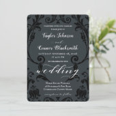 Rustic Blacksmith Calligraphy Black Damask Wedding Kaart (Staand voorkant)