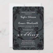 Rustic Blacksmith Calligraphy Black Damask Wedding Kaart (Voorkant)
