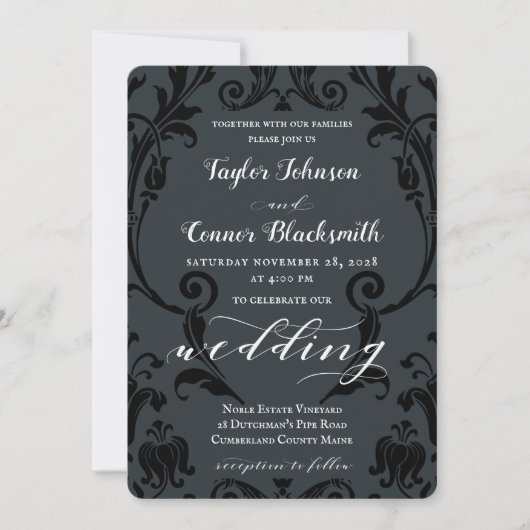 Rustic Blacksmith Calligraphy Black Damask Wedding Kaart (Voorkant)