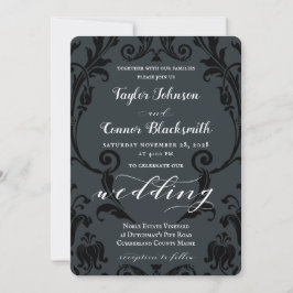 Rustic Blacksmith Calligraphy Black Damask Wedding Kaart