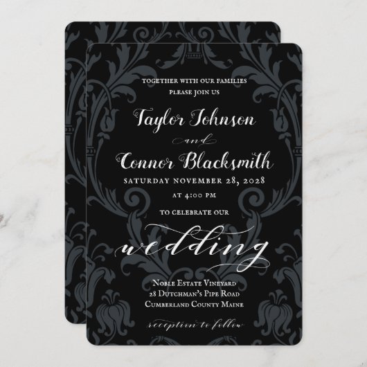 Rustic Blacksmith Calligraphy Black Damask Wedding Kaart (Voorkant / Achterkant)