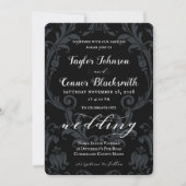 Rustic Blacksmith Calligraphy Black Damask Wedding Kaart (Voorkant)