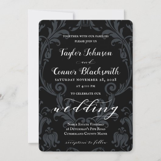 Rustic Blacksmith Calligraphy Black Damask Wedding Kaart (Voorkant)