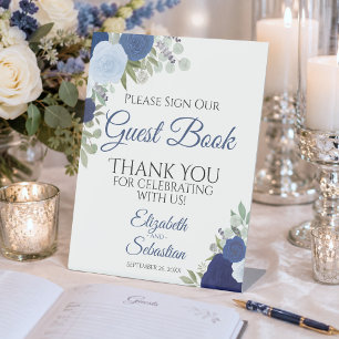 Rustic Blauw Boho Bloem Schrijf Ons Gastboek Reclamebord Met Voetstuk