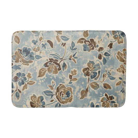 Rustic Blauw Bruin Beige Bloemmotief Badmat (Voorkant)