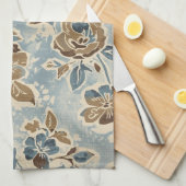 Rustic Blauw Bruin Beige Bloemmotief Theedoek (Quarter Fold)