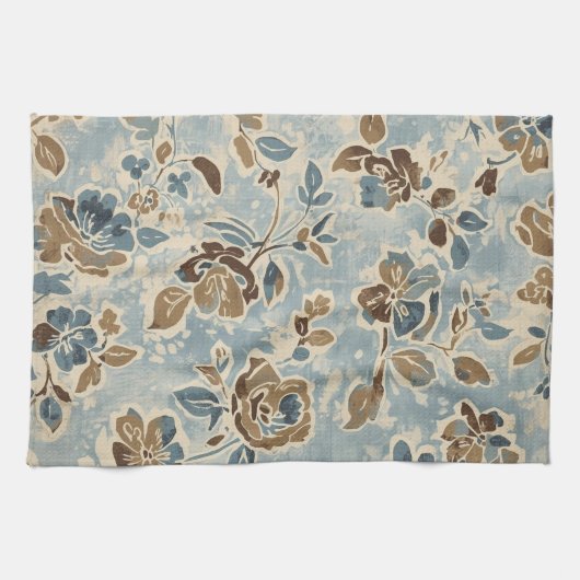 Rustic Blauw Bruin Beige Bloemmotief Theedoek (Horizontaal)