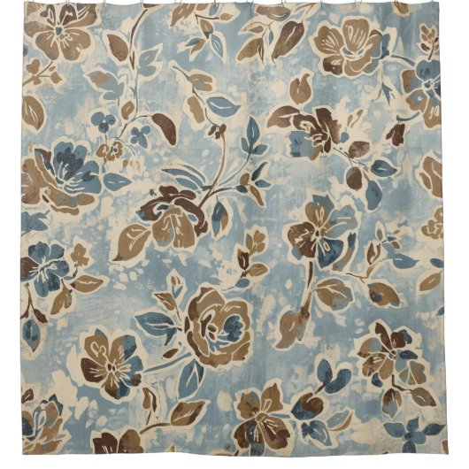 Rustic Blauw Bruin Taupe Bloemmotief Douchegordijn (Voorkant)