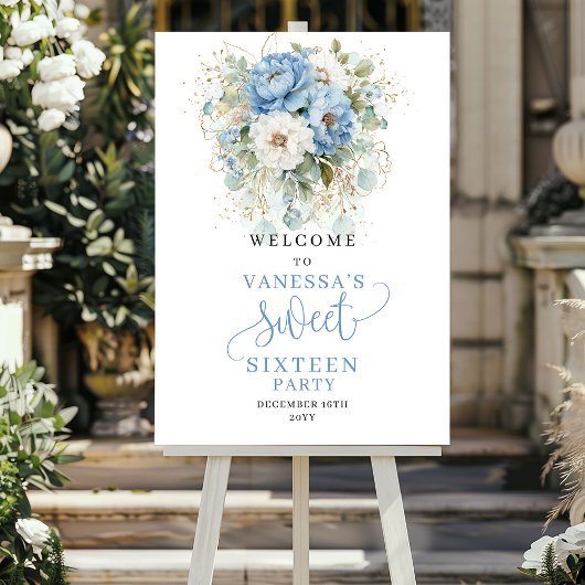Rustic Blauw en Goud 16e Verjaardag Welkomstbord Poster