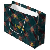 Rustic Blauw en Koperen Plaid Kerstdag Aangepast Groot Cadeauzakje (Voorkant Gekanteld)