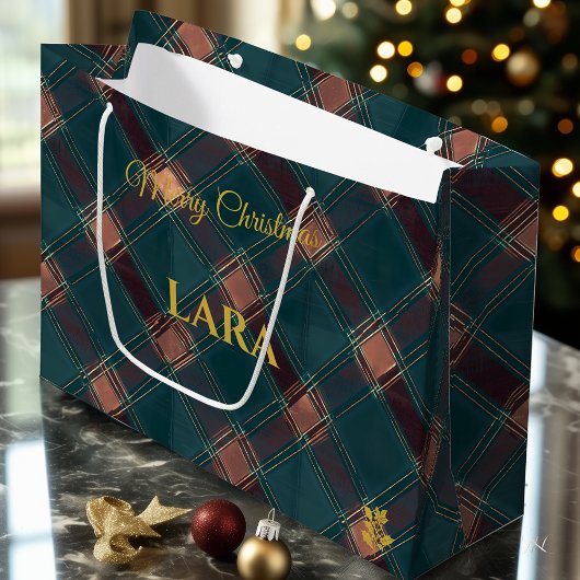 Rustic Blauw en Koperen Plaid Kerstdag Aangepast Groot Cadeauzakje