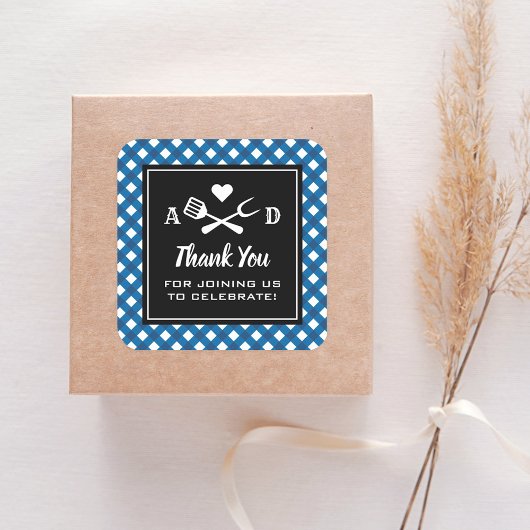 Rustic Blauw Gingham BBQ Huwelijk Bedankt Vierkante Sticker
