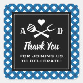 Rustic Blauw Gingham BBQ Huwelijk Bedankt Vierkante Sticker (Voorkant)