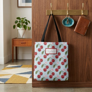 Rustic Blauw Gingham En Kersen Monogram Tote Bag