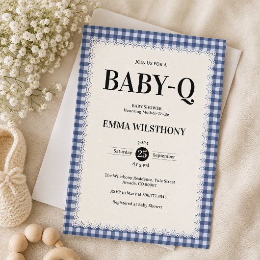 Rustic Blauw Gingham Plaid Baby Shower BBQ Kaart