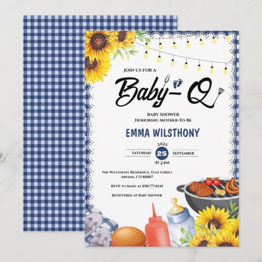 Rustic Blauw Gingham Plaid Baby Shower BBQ Kaart (Voorkant / Achterkant)