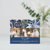 Rustic Blauw & Goud Bloemig Foto Bewaar de Datum (Staand voorkant)